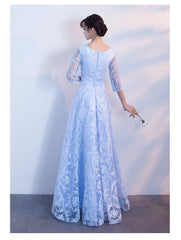 Light Blue 1/2 Sleeves Lace Long Prom Dress, Blue Party Dress