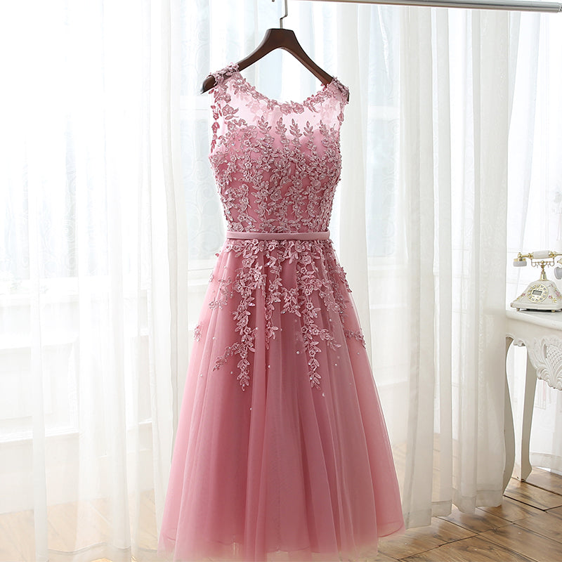 Beautiful Wine Red Tulle Tea Length Homecoming Dresses, Beaded Pretty Vintage Style Prom Dress