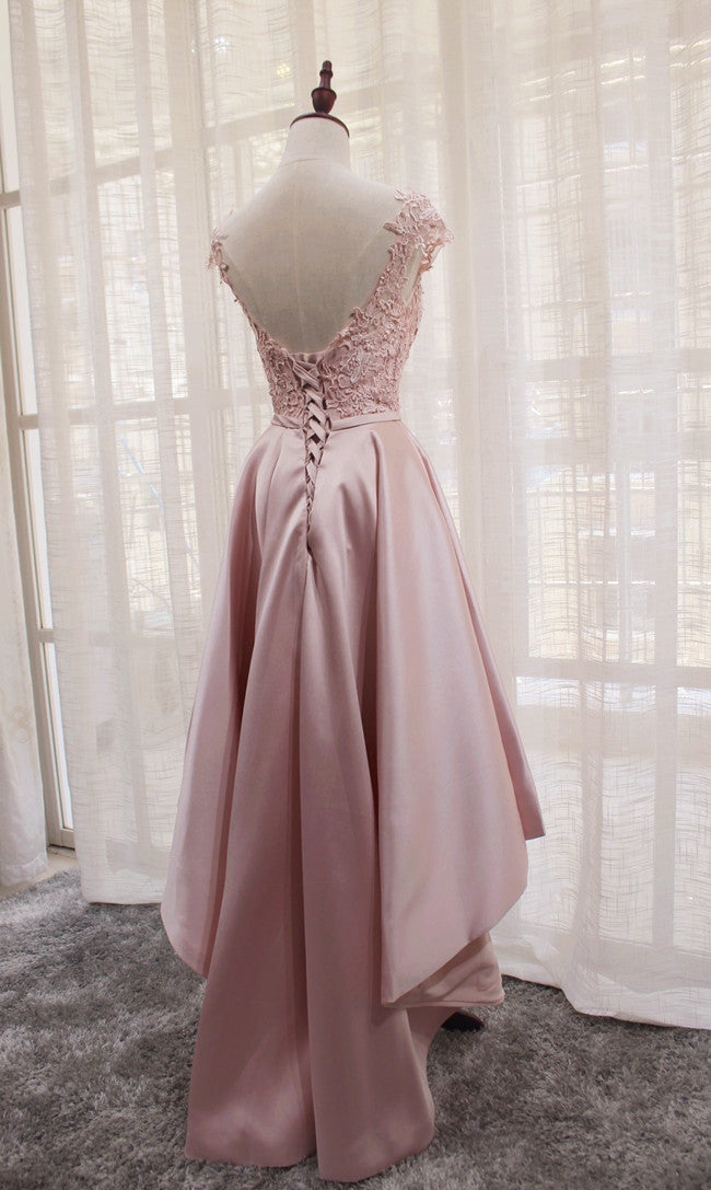 Beautiful Light Pink Round Neckline High Low Lace and Satin Prom Dress, Pink Homecoming Dresses