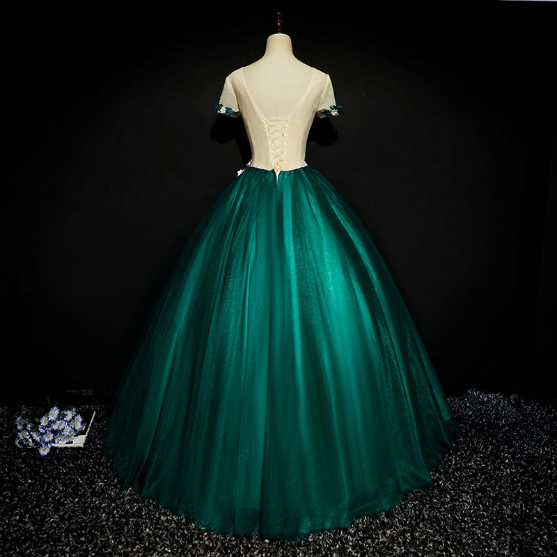 Dark Green Tulle Round Neckline Ball Gown Formal Dress, Quinceanera Dr Cutedressy Dark Green Tulle Round Neckline Ball Gown Formal Dress, Quinceanera Dr Cutedressy