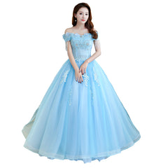 Beautiful Light Blue Tulle Off Shoulder Ball Gown Sweet 16 Gown, Blue Formal Gown