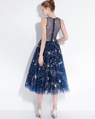 Navy Blue Tea Length Party Dress, Blue Prom Dress Bridesmaid Dress