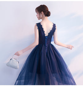 Navy Blue V-neckline High Low Tulle Party Dress, Blue Homecoming Dress