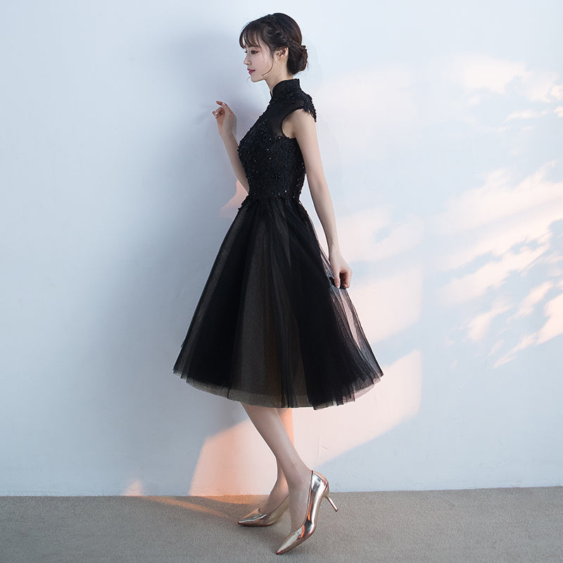 Black Tulle Homecoming Dress with High Neckline, Black Short Party Dre Cutedressy Black Tulle Homecoming Dress with High Neckline, Black Short Party Dre Cutedressy