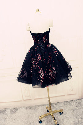 Charming Black Cute Floral Formal Dresses, Black Party Dress, Homecoming Dresses