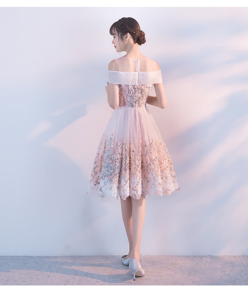pink formal dresses short Cute Pink Round Neckline Flower Lace Short Party Dress, Pink Formal Dr – Cutedressy