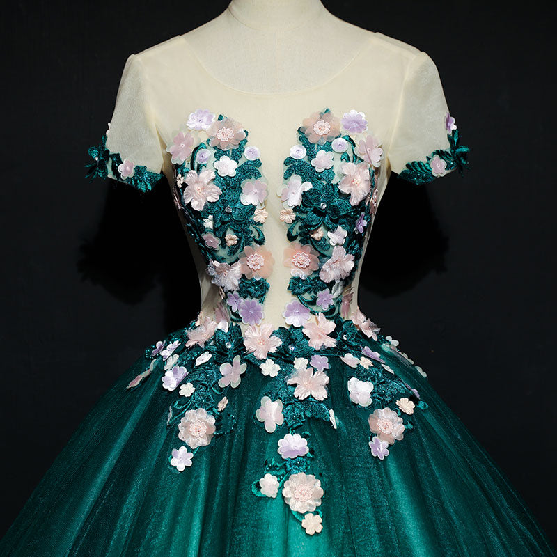Dark Green Tulle Round Neckline Ball Gown Formal Dress, Quinceanera Dr Cutedressy Dark Green Tulle Round Neckline Ball Gown Formal Dress, Quinceanera Dr Cutedressy
