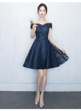Lovely Blue Lace Short Party Dress, Lace Formal Dress