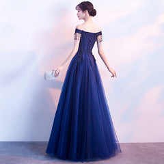 Navy Blue Tulle Long Party Dres with Lace Applique, Off Shoulder Long Prom Dress Formal Dress