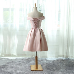 Pink Satin Off Shoulder Knee Length Party Dress, Cute Formal Dress