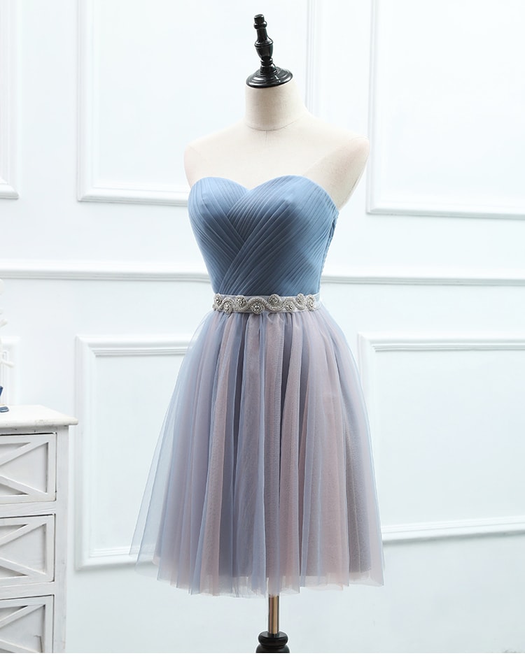 Tulle Sweetheart Blue Long Bridesmaid Dress with Belt, Charming Party Dress