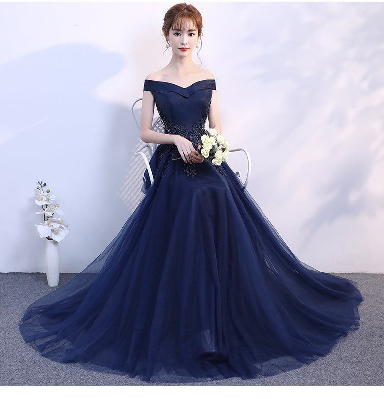 Navy Blue Off  Shoulder Tulle A-line Long Evening Dress, Simple Prom Dress Party Dress