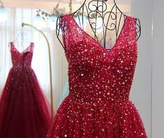 Fasionable Sparkle Tulle V-neckline Long Wine Red Evening Gown, Long Prom Dress