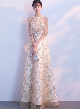 Charming Champagne Halter Long Party Dress, Formal Dress