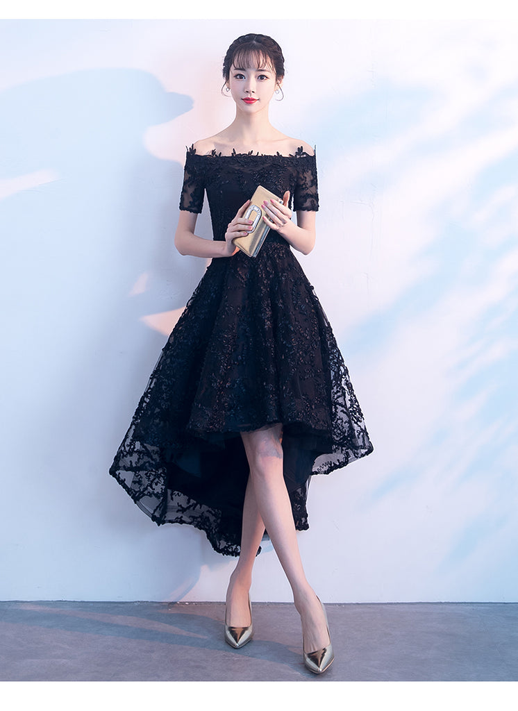 Lovely Black Lace Off Shoulder Bridesmaid Dress, Lace Off Shoulder Bla