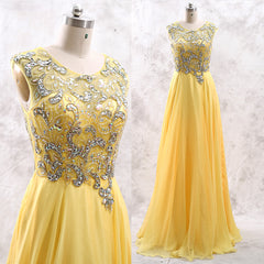 Yellow Handmade Beaded Long Party Dresses, Chiffon Prom Dress , Party Gowns