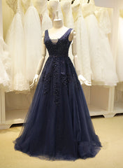 Navy Blue Tulle V Back Long Party Dress, Elegant Prom Gowns, Formal Dress
