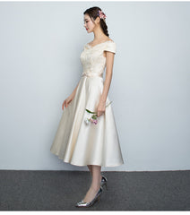 Cute A-line Champagne Tea Length Bridesmmaid Dress, Lace Party Dress