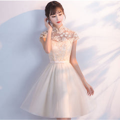 Cute Lace and Tulle Lovely Champagne Short Party Dress, Homecoming Dress