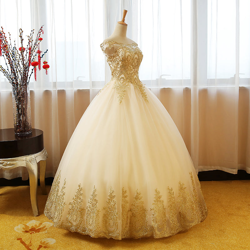 Beautiful Champagne with Gold Applique Long Party Dress, Sweet 16 Dres Cutedressy Beautiful Champagne with Gold Applique Long Party Dress, Sweet 16 Dres Cutedressy