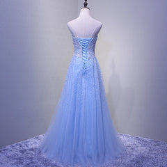 Light Blue Sparkle Long Formal Gowns, Beaded Party Dresses, Blue Tulle Gowns