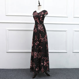 Elegant Cap Sleeves Floral Black Party Dress, A-line Prom Dress