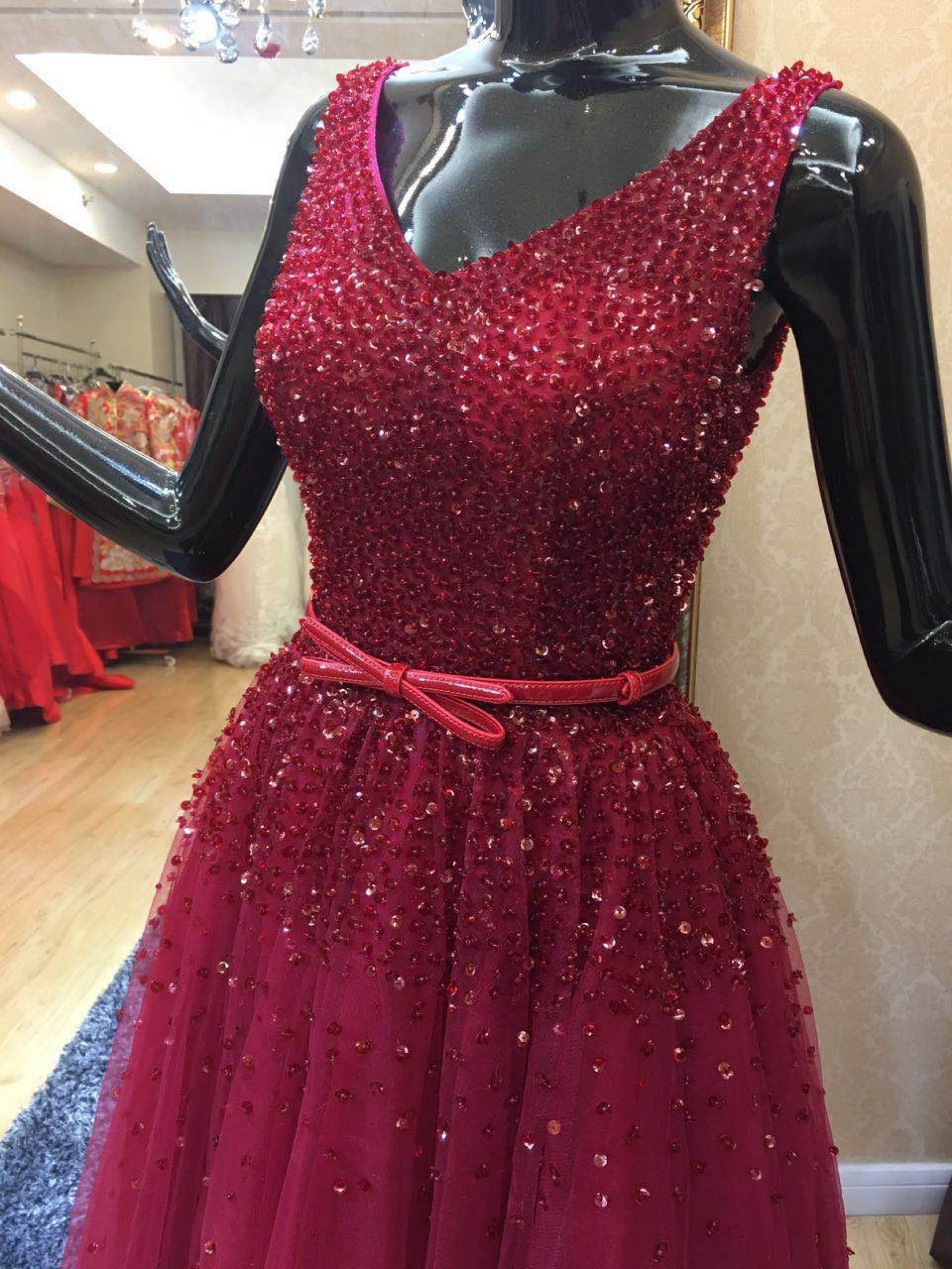 Beautiful Wine Red Tulle Beaded V-neckline Formal Dress, Tulle Party Gowns