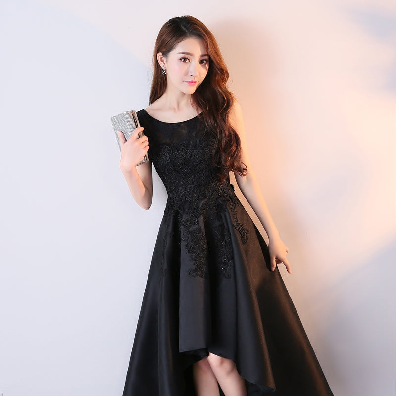 Beautiful Black Satin and Lace High Low Round Party Dress, Black Formal Dress