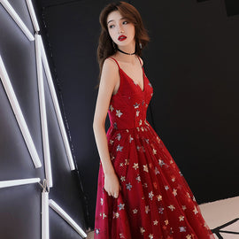 Red Tulle Sweetheart Straps Long Low Back Prom Dress, Red Evening Dress Party Dress