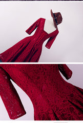 Elegant V-neckline Lace Knee Length Bridesmaid Dress, Wine Red Prom Dress