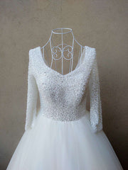 Beautiful White Pearls and Beadings Long Sleeves Party Dress, White Formal Gown