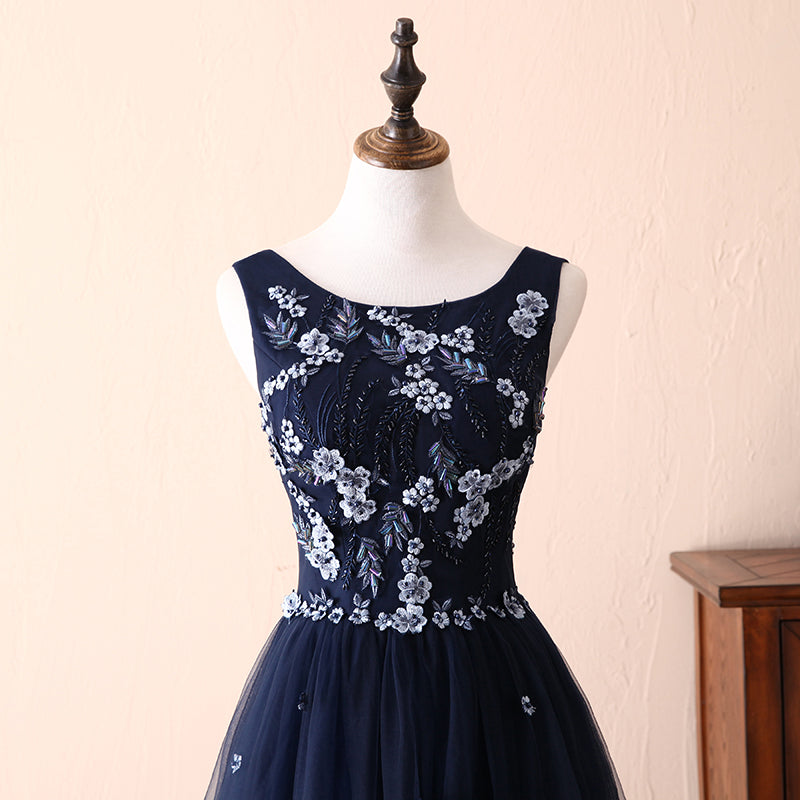 Navy Blue Round Neckline Tulle Formal Dress, Navy Blue Party Dress , Evening Dresses