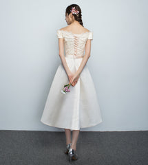 Cute A-line Champagne Tea Length Bridesmmaid Dress, Lace Party Dress
