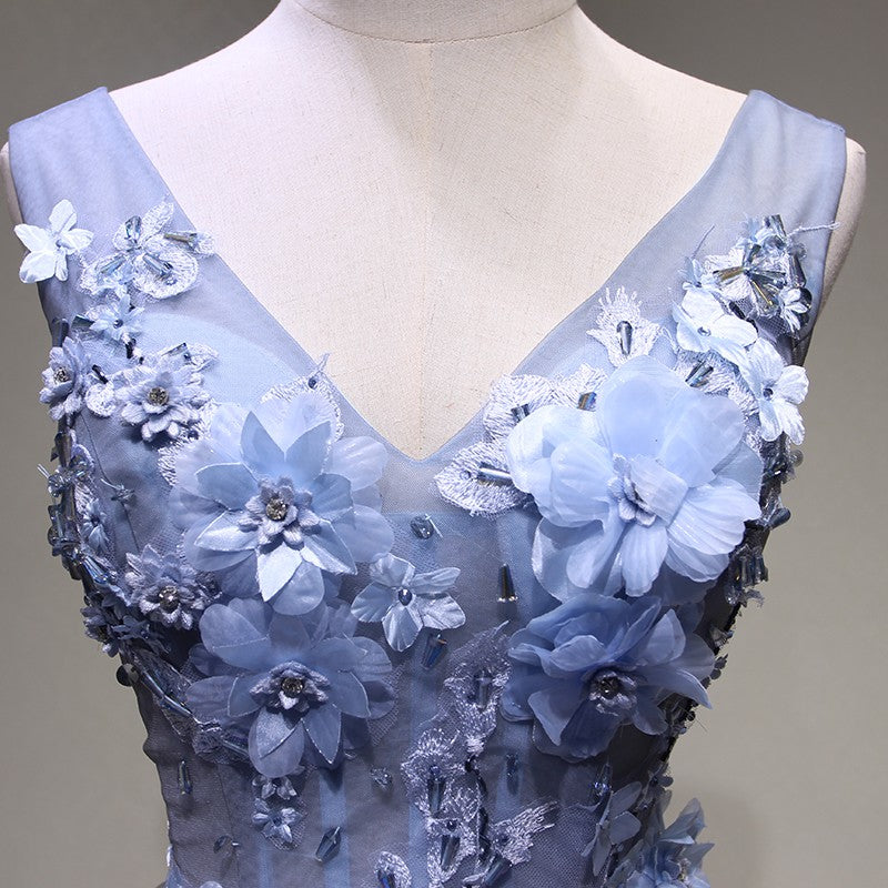 Blue-Grey V-neckline Floral Tulle Long Party Dress, Charming Formal Gown