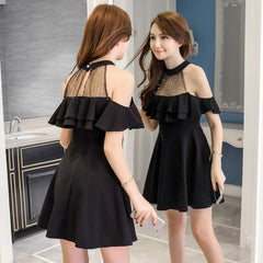 Lovely Black Short Halter Off Shoulder Dress, Women Dresses, Summer Black Dress