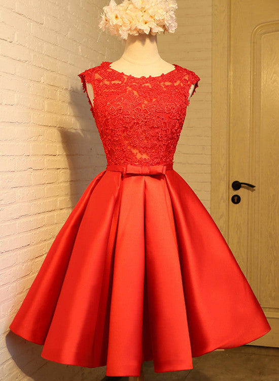 Red Lace Knee Length Party Dress , Cute V Back Formal Dress, Teen Homecoming Dresses