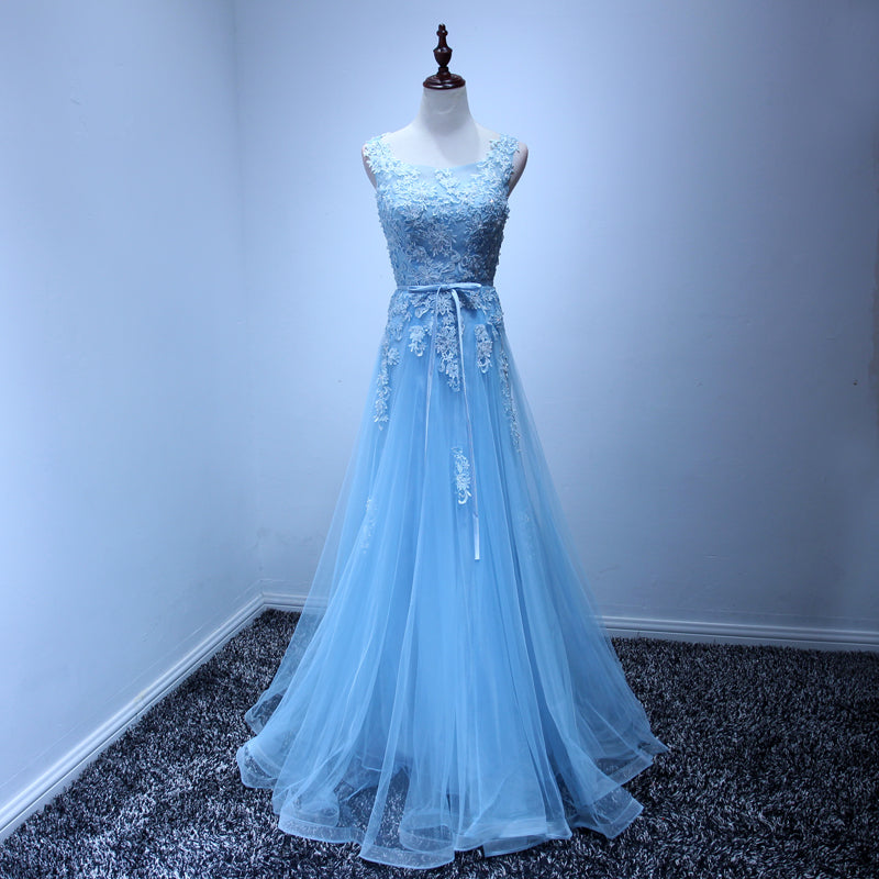 Light Blue Beautiful A--line Floor Length Senior Prom Dress, Formal Dress