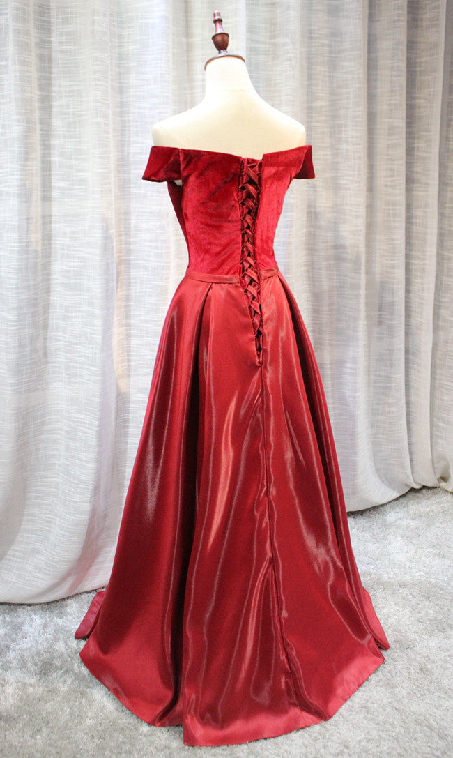 Red Velvet and Satin Long Off Shoulder Formal Dress, Beautiful Prom Dress