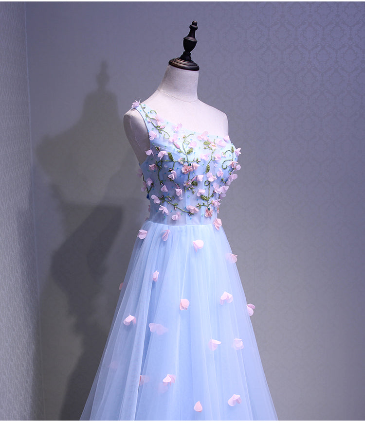 Light One Shoulder Floor Length Floral Prom Dress, Tulle Elegant Party Dress