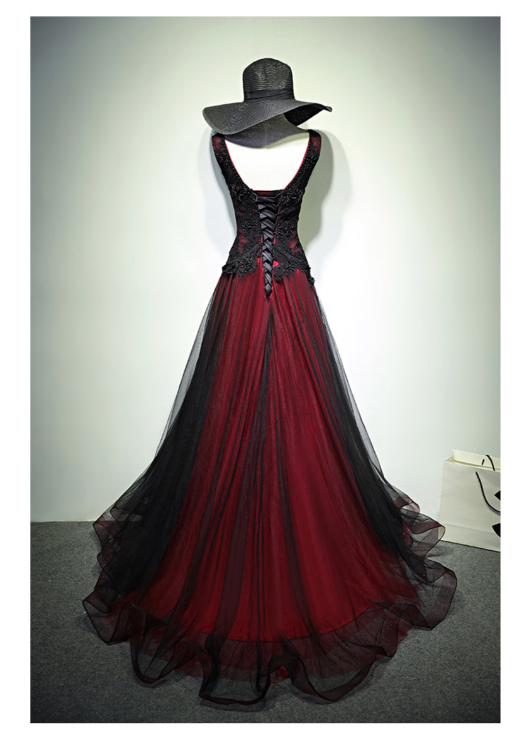 Gorgeous Black and Red V-neckline Tulle Beaded Prom Dress, Long Evening Gown