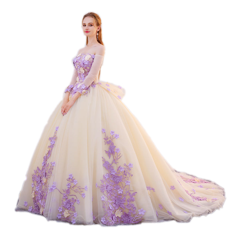 Unique Champagne Tulle Ball Gown with Lavender Flowers Formal Dress, S Cutedressy Unique Champagne Tulle Ball Gown with Lavender Flowers Formal Dress, S Cutedressy