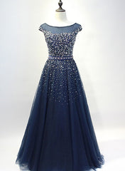 Blue Sparkle Beaded Tulle Long Formal Dresses, Handmade High Quality Party Dresses, Prom Dresses