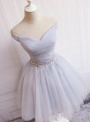 Charming Sliver Grey Short Beaded Tulle Party Dress, Prom Dress