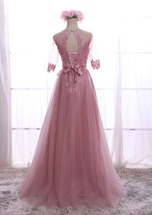 Lovely Dark Pink 1/2 Sleeves Tulle Bridesmaid Dress, Wedding Party Dress