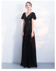 Black Sequins Cap Sleeves Long V-neckline Bridesmaid Dress, Sequins Junior Prom Dress