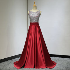 Red Sequins Satin Round Neckline Backless Long Prom Dress, Red Formal Dress