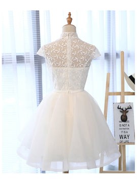 Cute White Tulle Short Lace Cap Sleeves Party Dress, White Homecoming Dress
