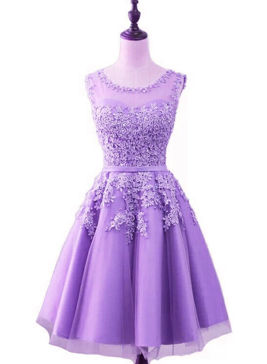 Purple Short Tulle Beaded Round Neckline Knee Length Party Dress, Junior Prom Dress