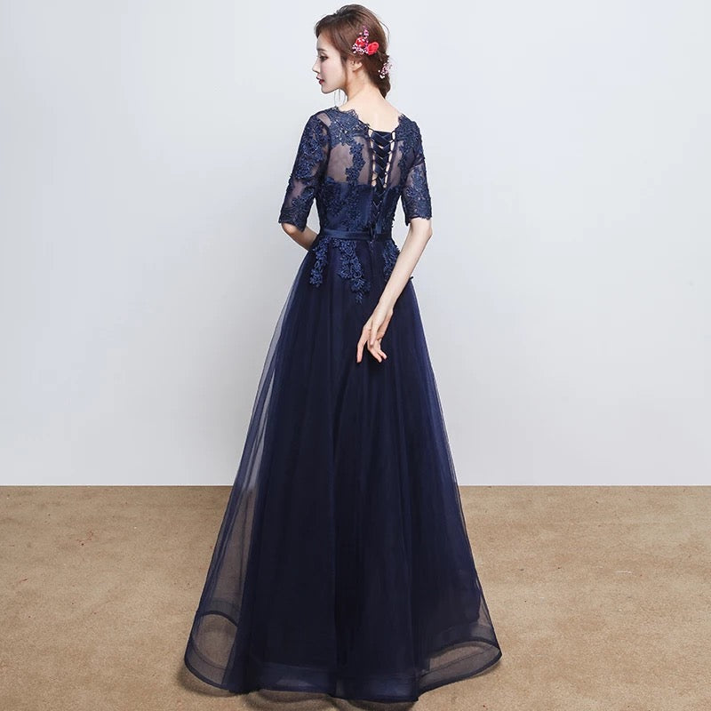 Beautiful Navy Blue Tulle Long Bridesmaid Dress, A-line Party Dress