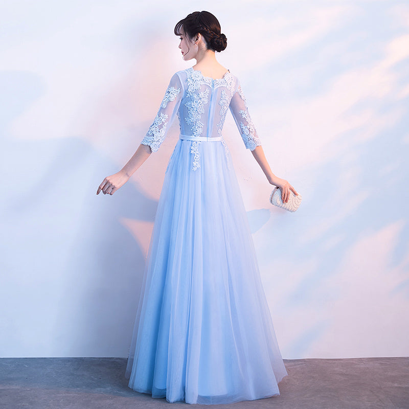 Light Blue Short Sleeves Tulle and Lace Wedding Party Dress, Lovely Formal Dress